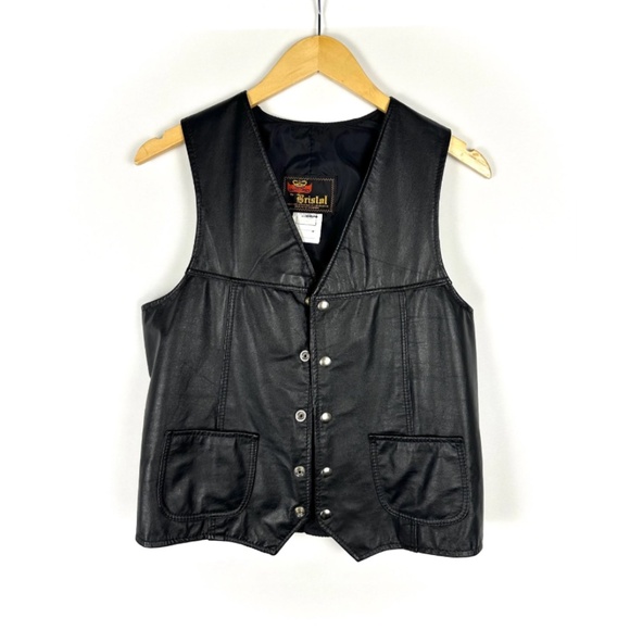 Vintage Black Leather Western Biker Vest - Snaps - Men's - Made in Canada - S/M - Picture 10 of 10